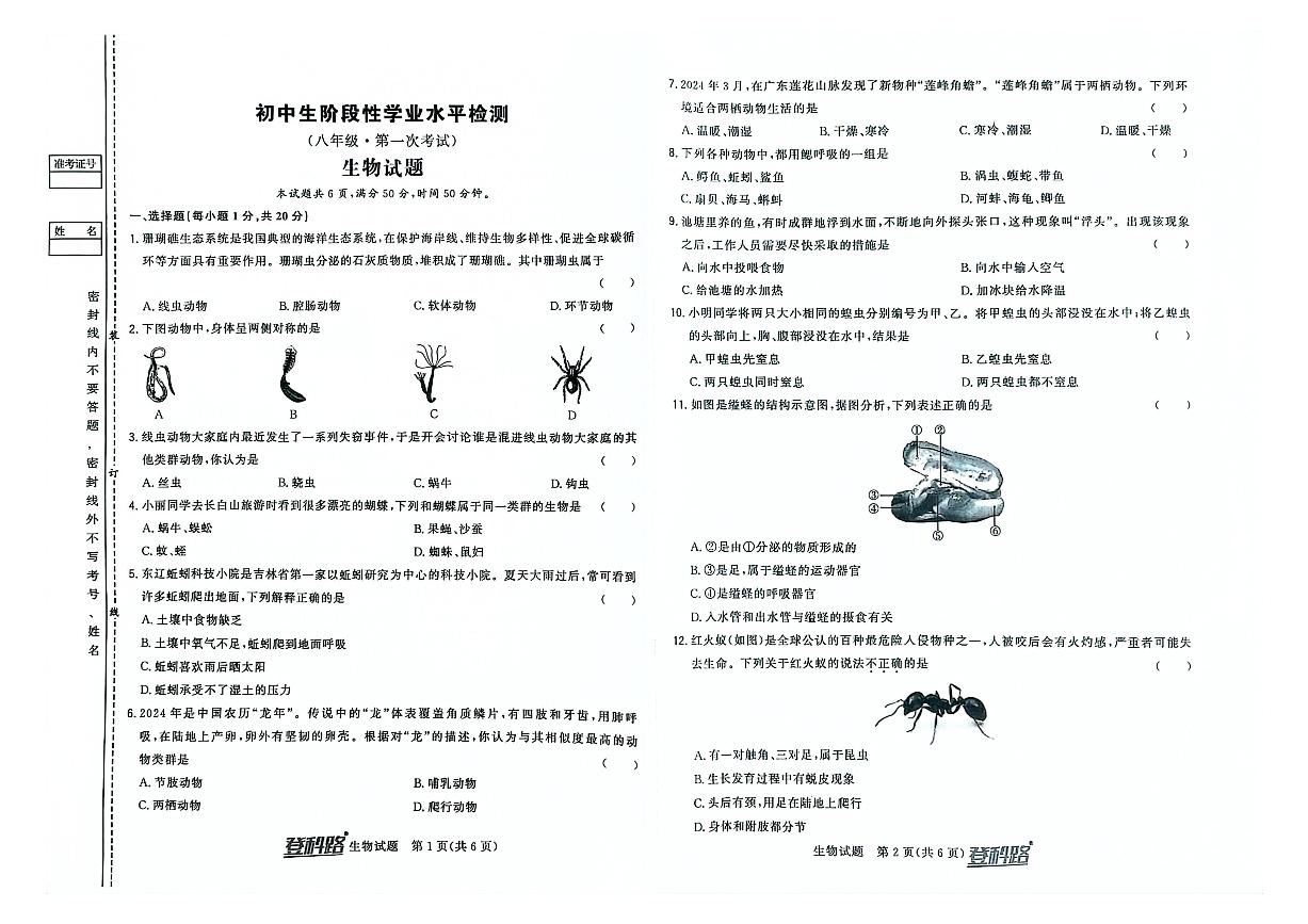 吉林省松原市前郭一中、前郭三中、前郭萨日朗学校2024—2025学年八年级上学期学业水平检 第一次考试 生物试题