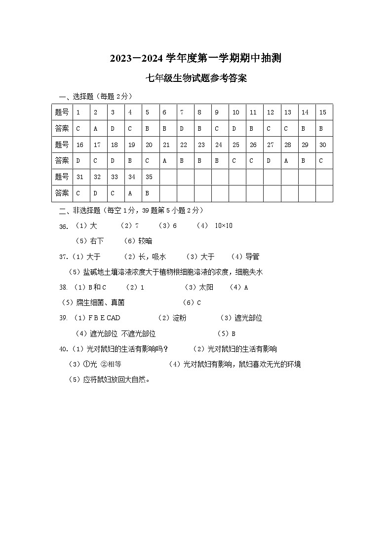 江苏省新沂市2023—2024学年七年级上学期期中抽测生物试题01