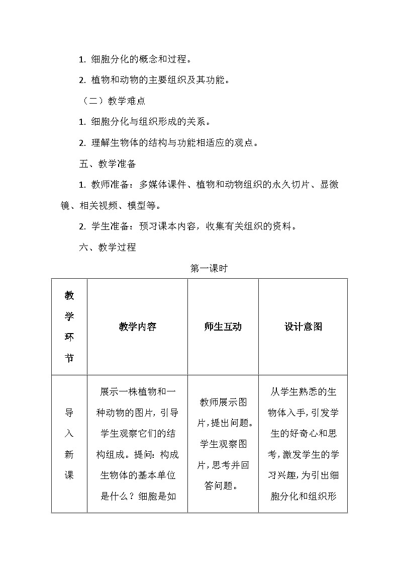 冀少版(2024)七年级上册生物第一单元第二章1.2.2《组织的形成》教学设计03