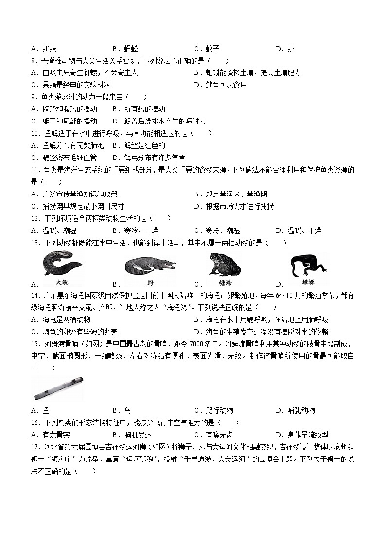 河北省石家庄市赵县李春学校李春校区2024-2025学年八年级上学期9月月考生物试题02