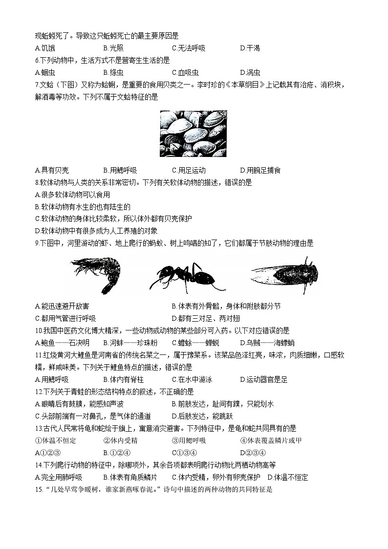河南省周口市郸城县多校2024-2025学年八年级上学期第一次月考生物试题(无答案)第2页