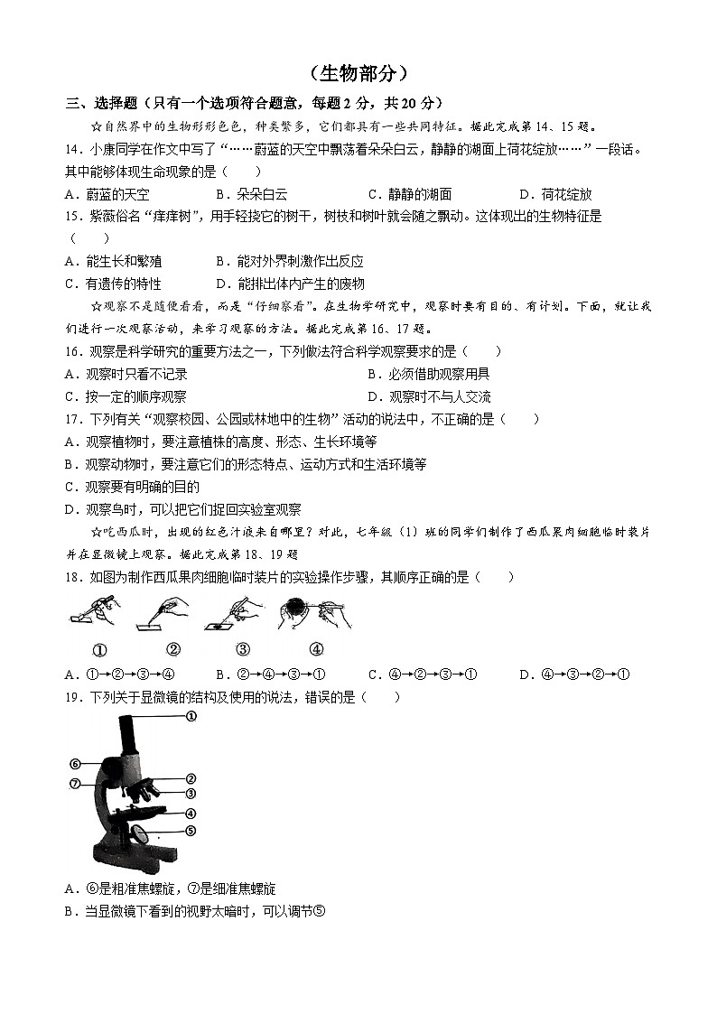 湖北省孝感市汉川市部分学校2024-2025学年七年级上学期第一次月考生物试卷(无答案)第1页