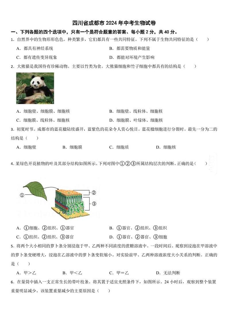 四川省2024年中考生物试卷十二套合卷【附参考答案】01