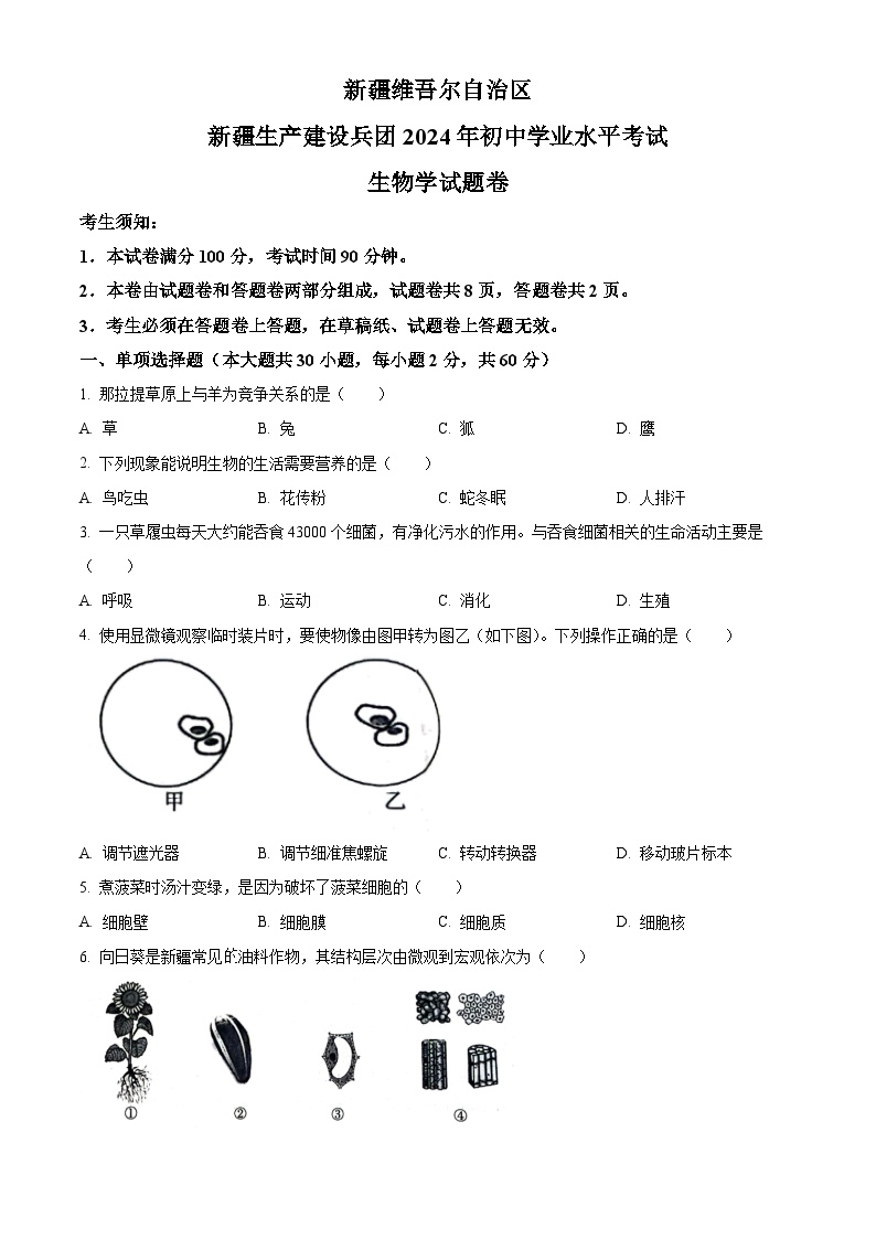 2024年新疆生产建设兵团中考生物真题（原卷版）