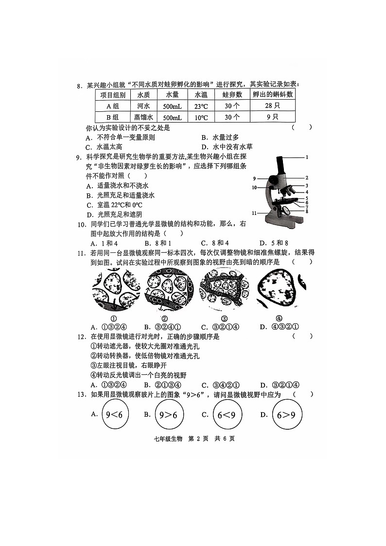 山东省菏泽市菏泽经济技术开发区2024-2025学年七年级上学期10月月考生物试题02