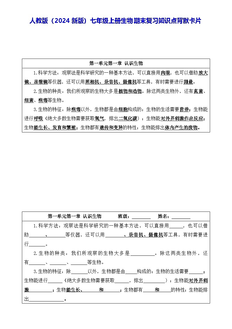 人教版(2024新版)七年级上册生物期末复习知识点背默卡片第1页