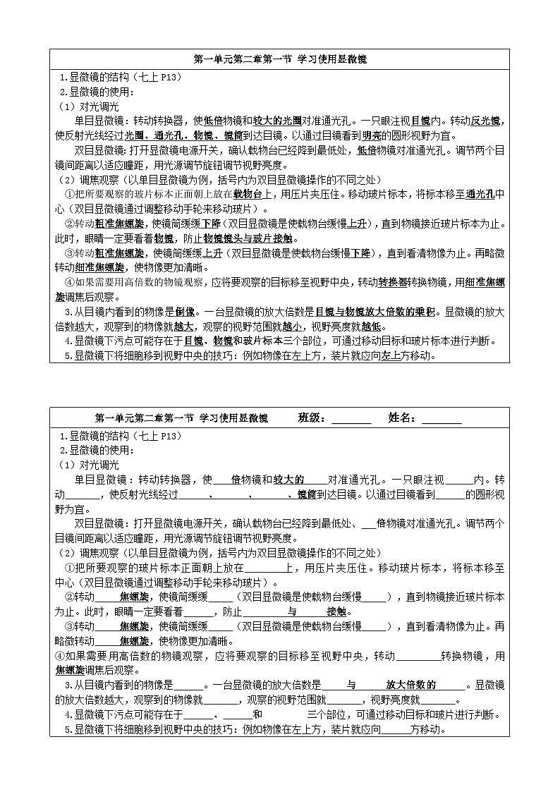 人教版(2024新版)七年级上册生物期末复习知识点背默卡片第2页