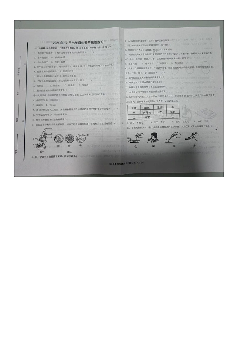 山东省德州市德城区德州市第十中学2024-2025学年七年级上学期生物10月月考生物试题第1页
