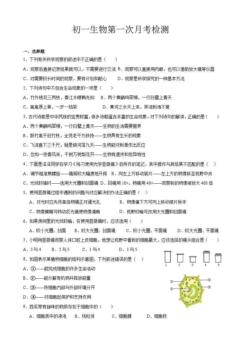山东省聊城市莘县翔宇学校2024-2025学年七年级上学期10月月考生物试题第1页