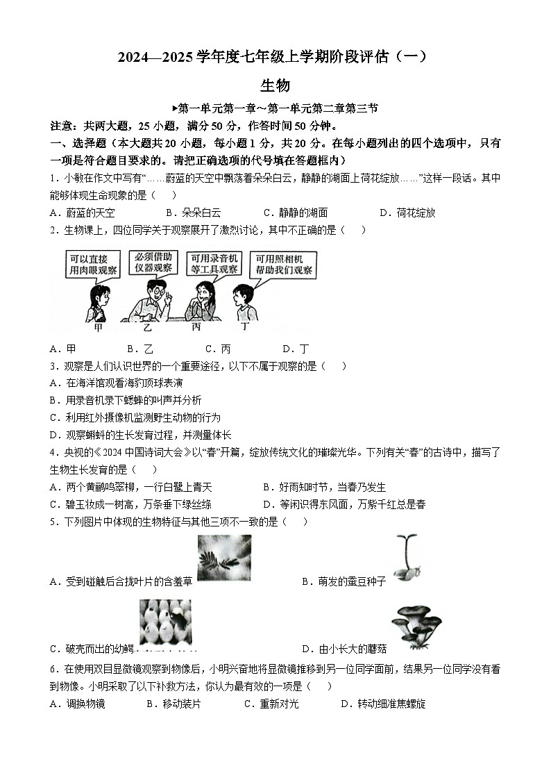 河南省南阳市方城县初中联考2024-2025学年七年级上学期10月月考生物试题(无答案)第1页