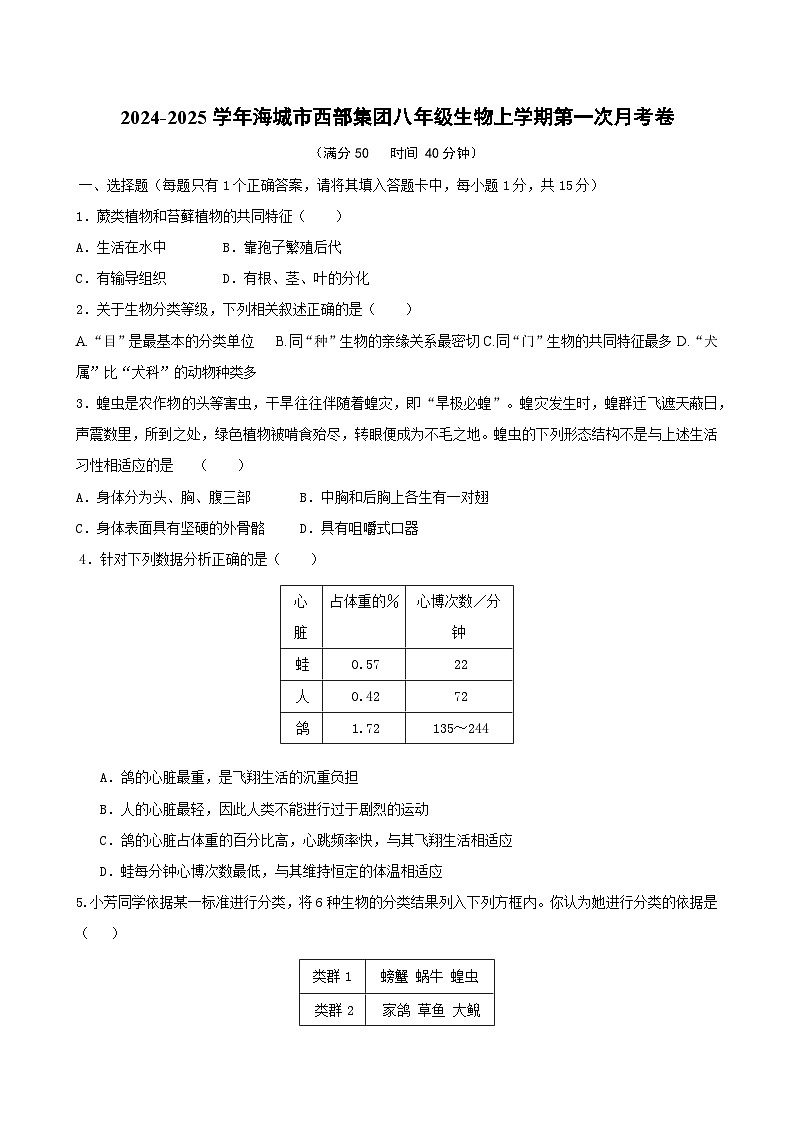 辽宁省鞍山市海城市西部集团2024-2025学年八年级上学期10月月考生物试题第1页