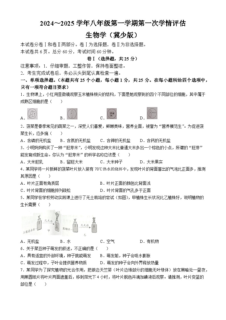 河北省邯郸市广平县实验中学2024-2025学年八年级上学期10月月考生物试题(无答案)第1页