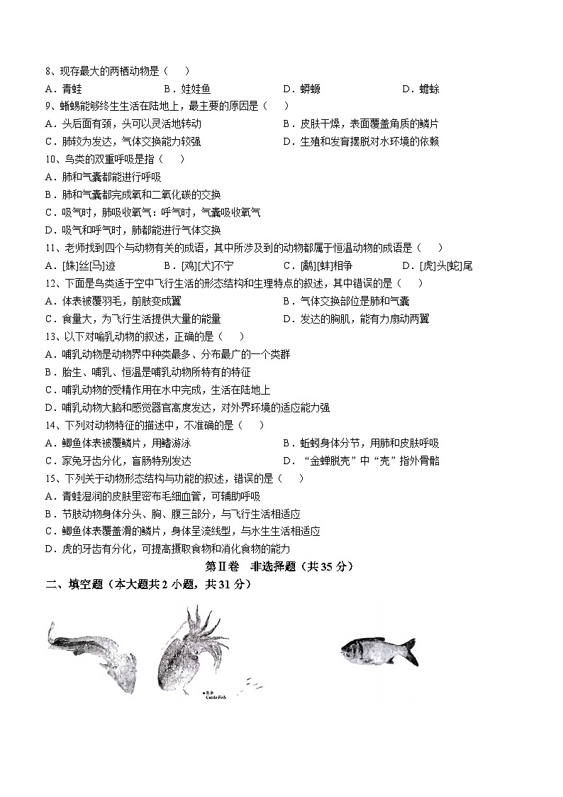 山西省大同市第一中学校2024-2025学年八年级上学期10月月考生物试题第2页