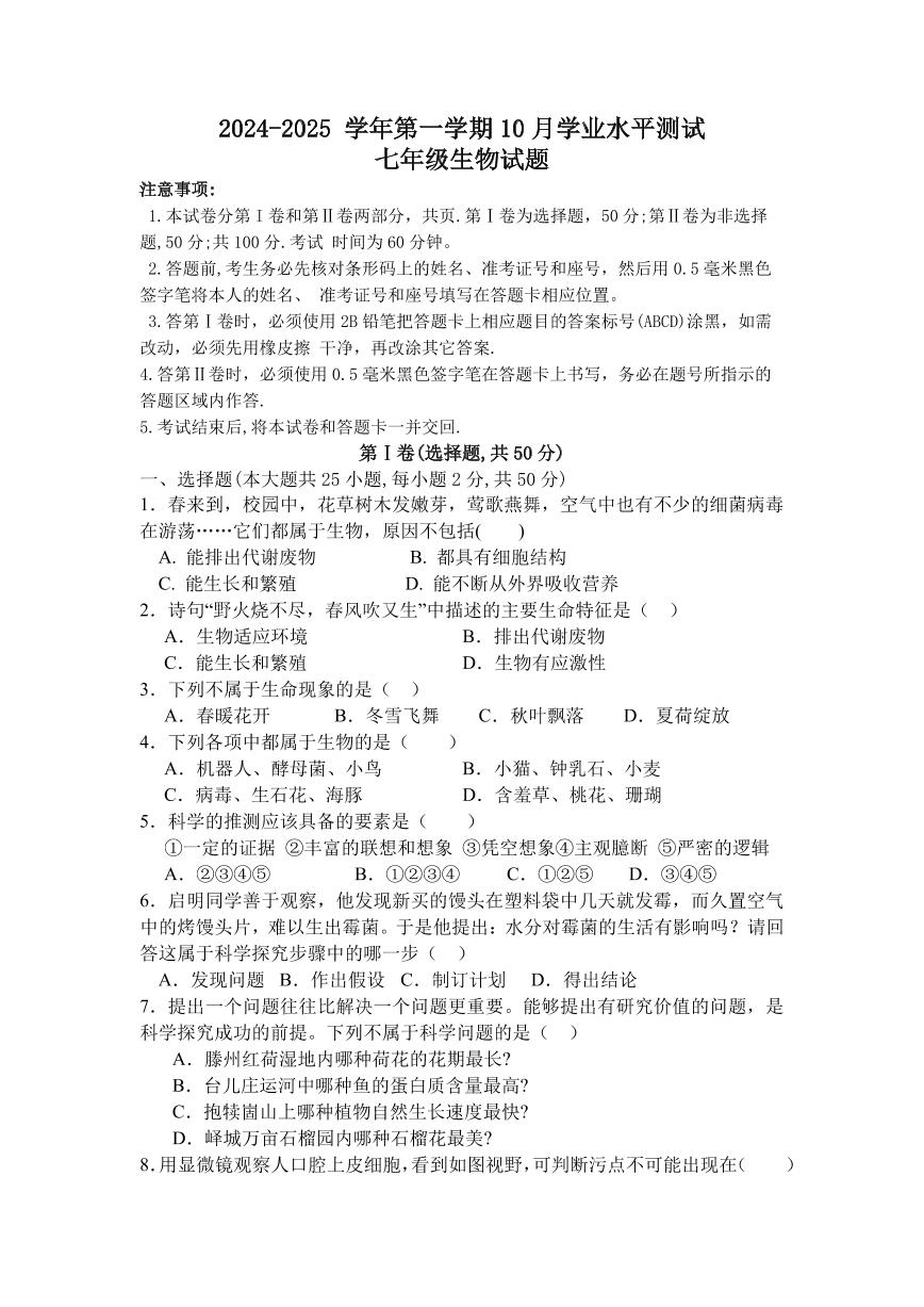 山东省嘉祥县马集镇中学2024-2025学年七年级上学期10月学业水平测试生物试题