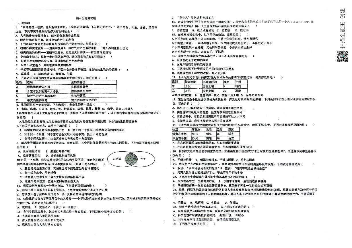 山东省威海市文登区重点初中联考2024-2025学年六年级上学期10月月考生物试题