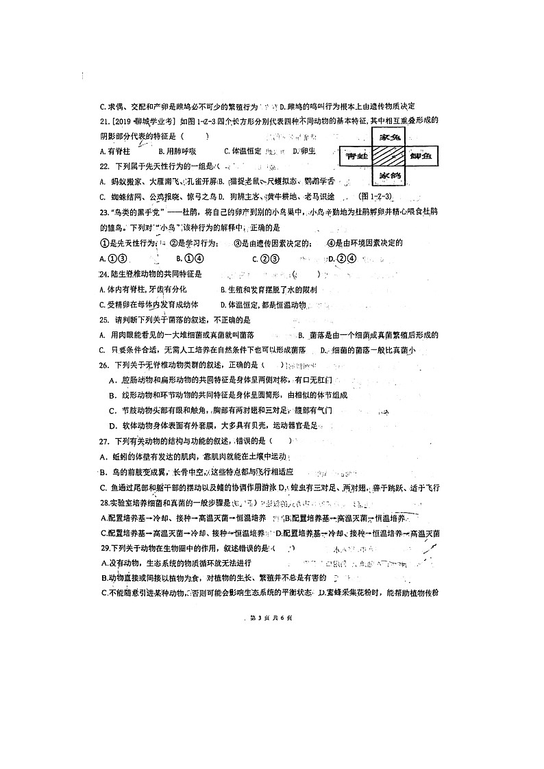 山东省聊城市茌平区茌山中学2024-2025学年八年级上学期10月份月考生物试题第3页