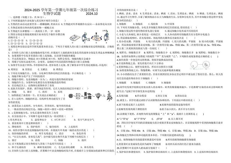 山东省德州市临邑县双语中学2024-2025学年七年级上学期10月月考生物试题(002)第1页