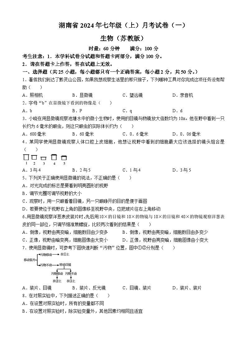湖南省多校联考2024-2025学年七年级上学期月考卷(一)生物试题(苏教)(无答案)第1页