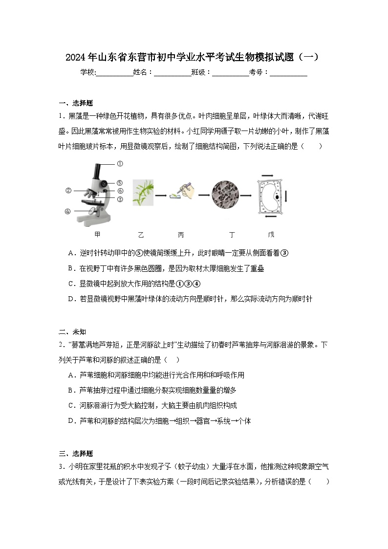 2024年山东省东营市初中学业水平考试生物模拟试题（一）