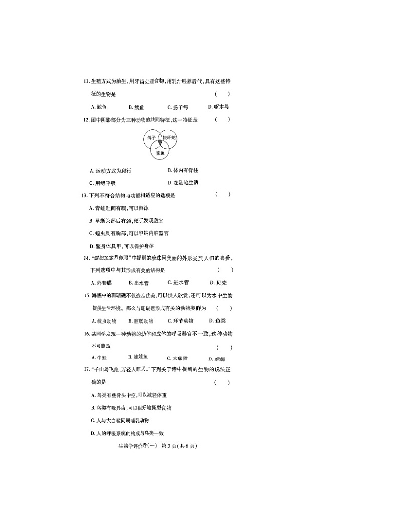 河南省南阳市南召县2024-2025学年八年级上学期10月月考生物试题第3页