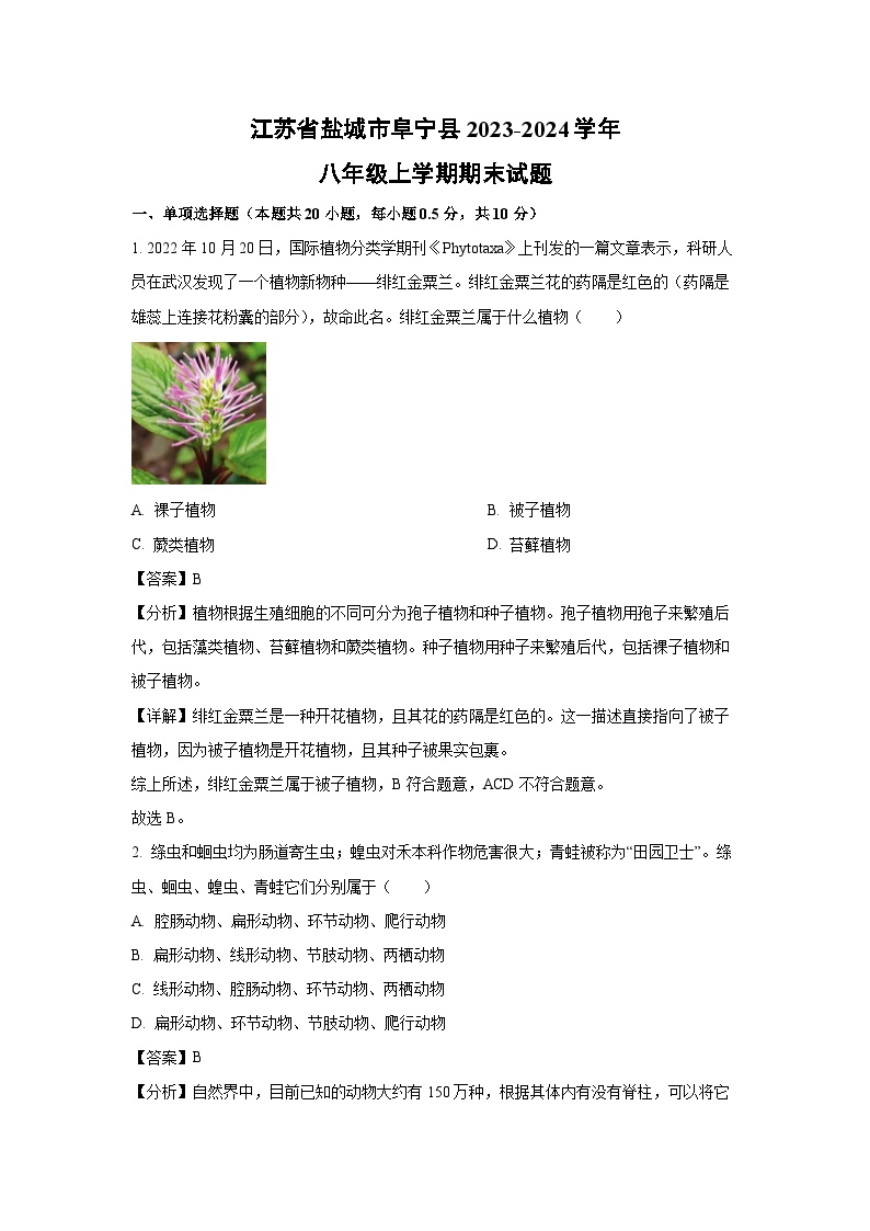 [生物][期末]江苏省盐城市阜宁县2023-2024学年八年级上学期期末试题(解析版)