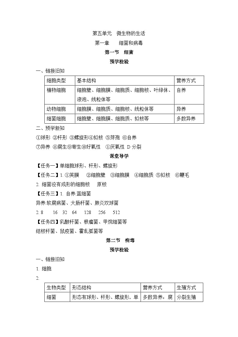 冀少版八年级生物上册第一章细菌和病毒导学案答案第1页