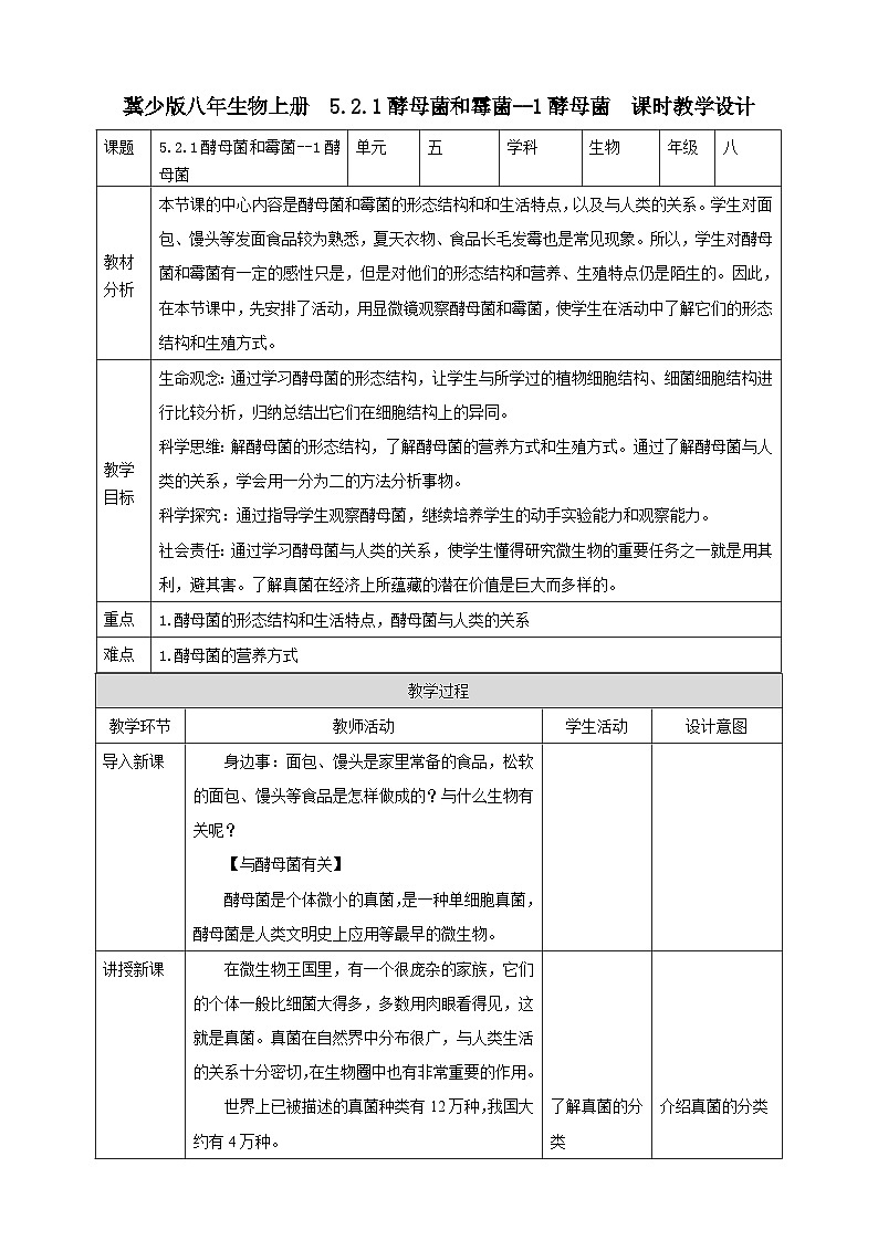 【新课标】冀少版生物八上5.2.1《酵母菌和霉菌--1酵母菌》课件+教案+学案01