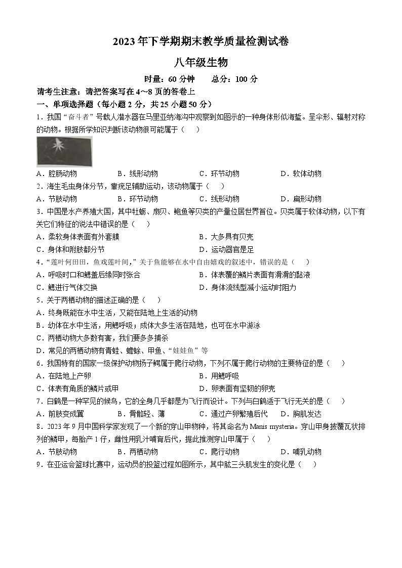 湖南省衡阳市衡南县2023-2024学年八年级上学期期末生物学试题