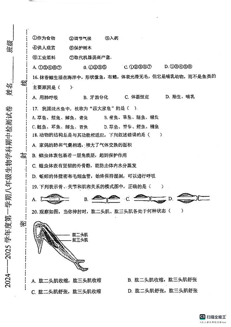 天津市西青区杨柳青第二中学2024-2025学年八年级上学期期中考试生物试题第3页