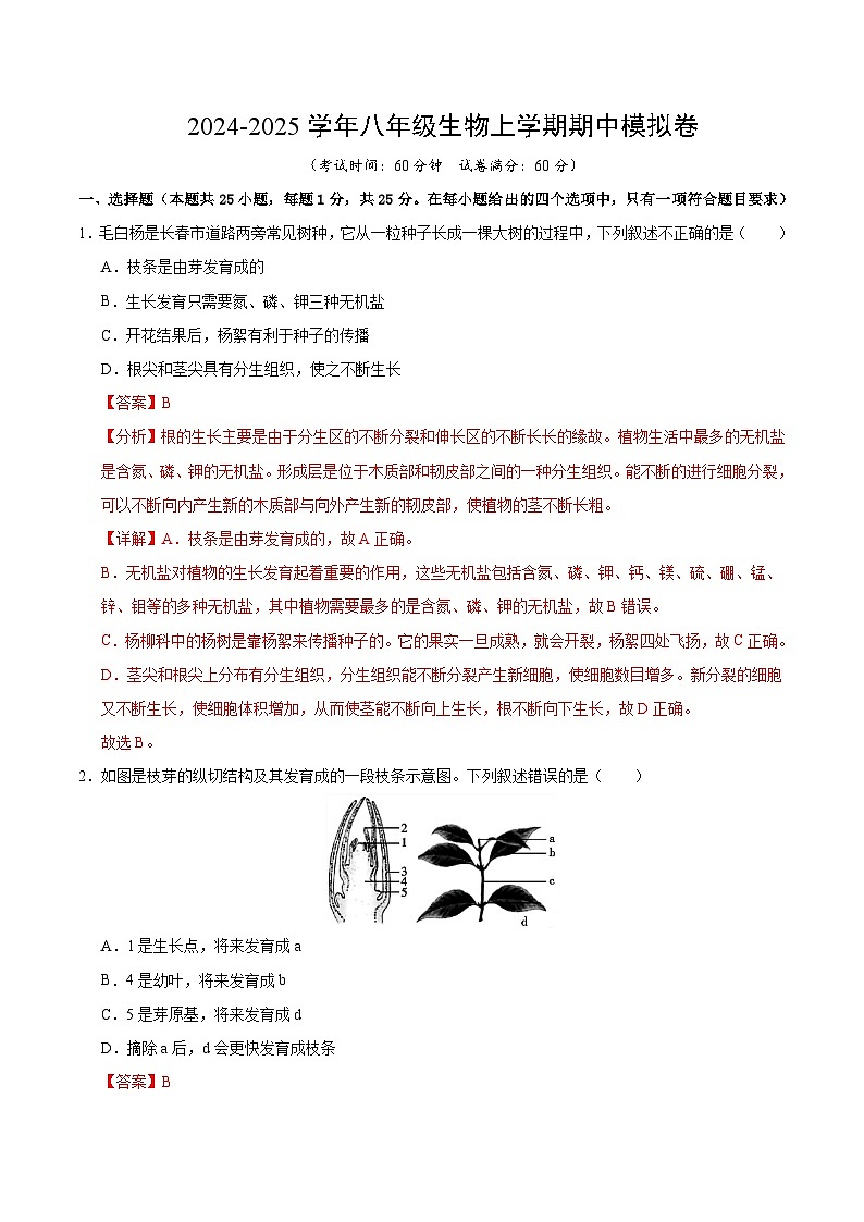 八年級(jí)生物期中模擬卷(全解全析)(冀少版)第1頁(yè)