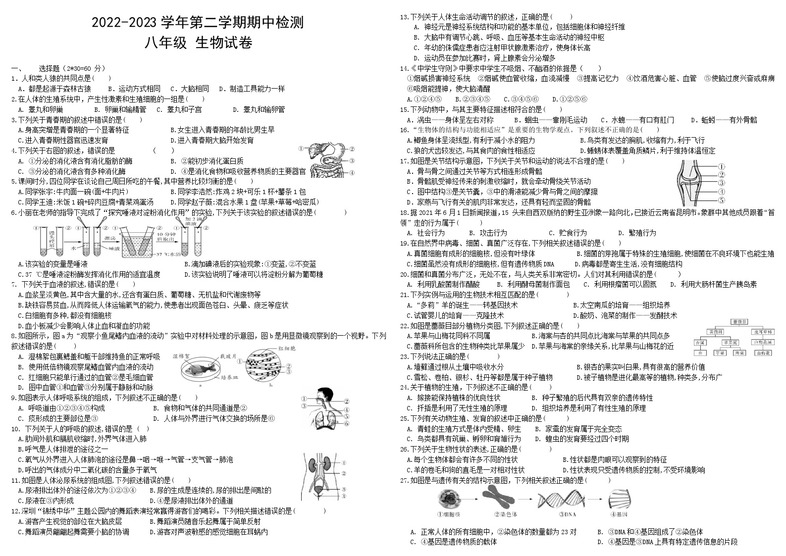 广东省惠州市京师实验学校2022-2023学年八年级下学期期中考试生物试题