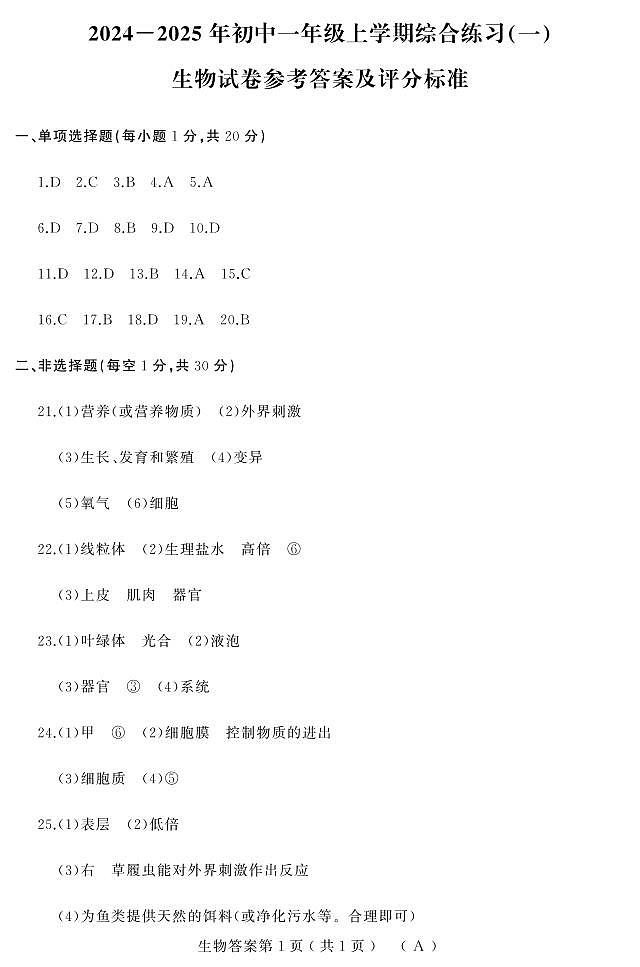 24-25上期中(生物)初一(人教A)答案第1页