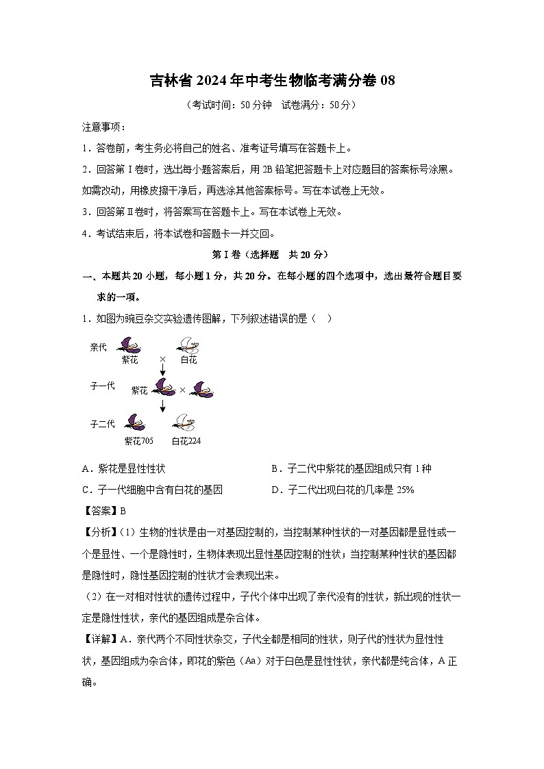 吉林省2024年中考生物临考满分模拟卷08生物试卷(解析版)第1页