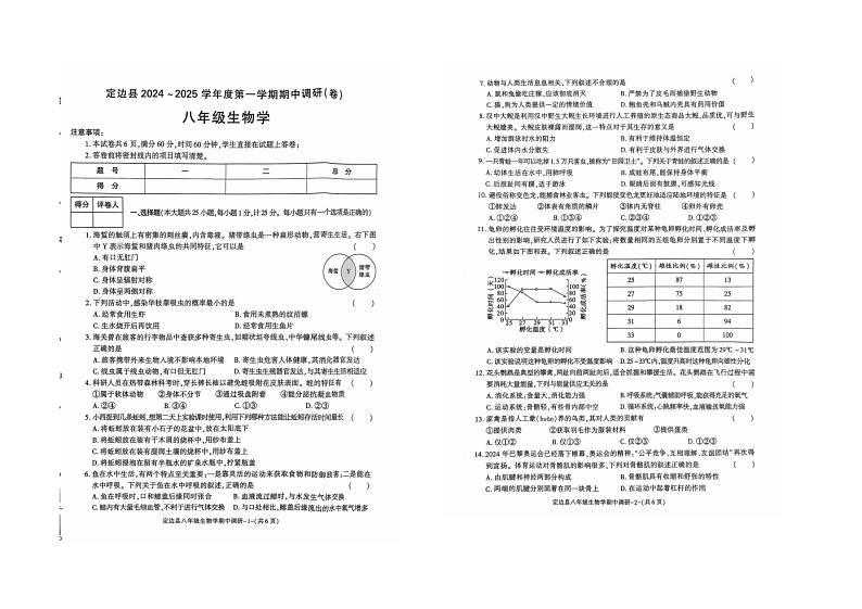 陕西省定边县2024-2025学年八年级上学期期中调研生物试卷第1页