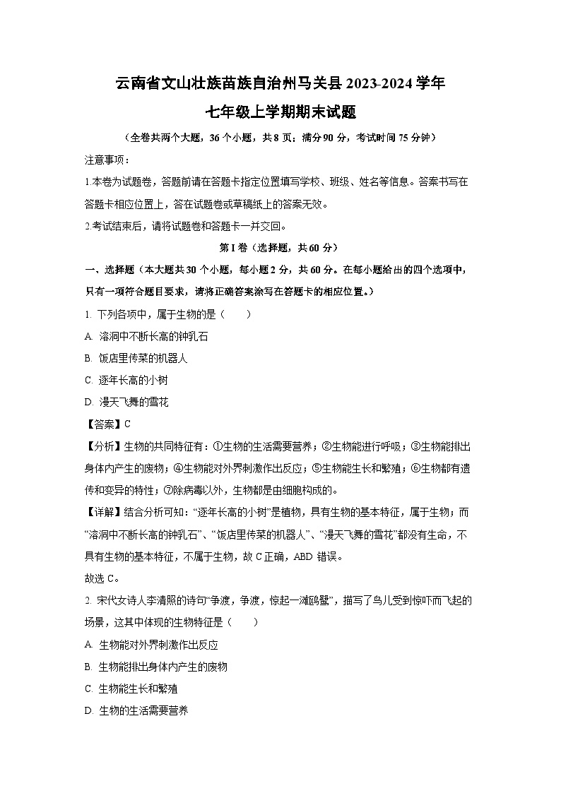 云南省文山壮族苗族自治州马关县2023-2024学年七年级上学期期末生物试卷(解析版)