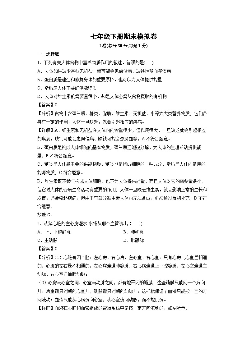 七年级下册期末模拟卷(山东专用)生物试卷(解析版)第1页