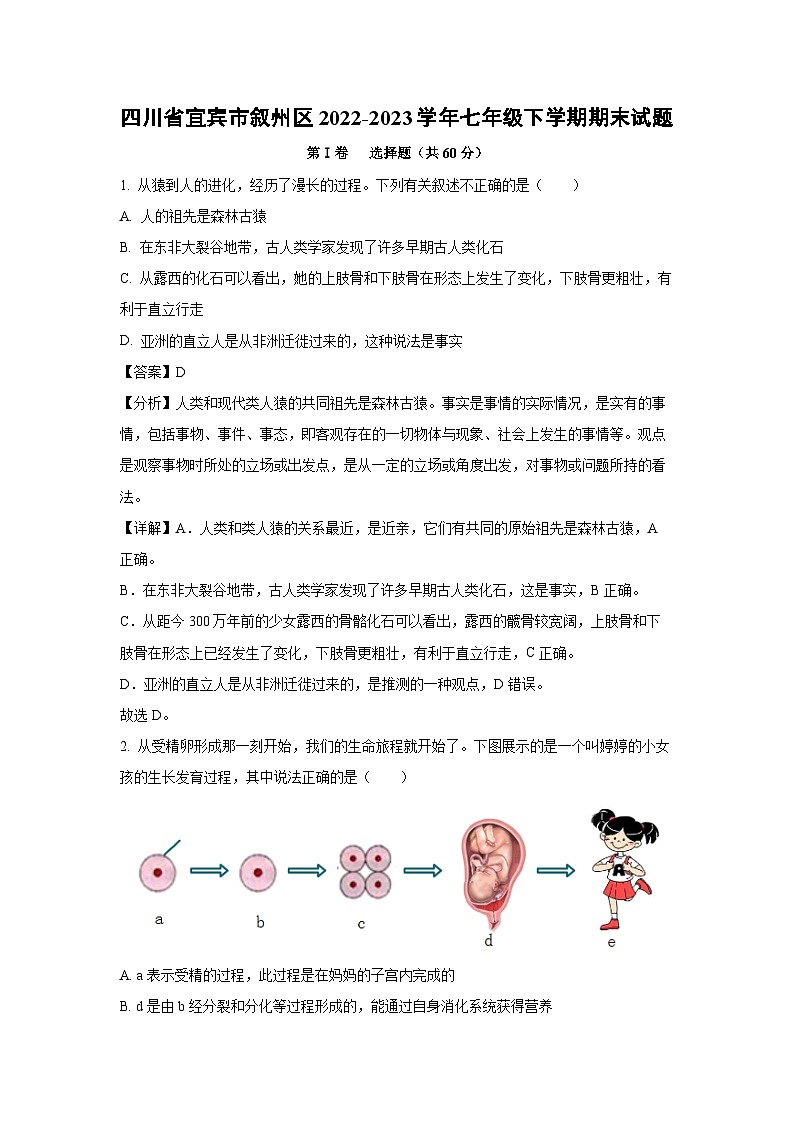 四川省宜宾市叙州区2022-2023学年七年级下学期期末生物试卷(解析版)第1页