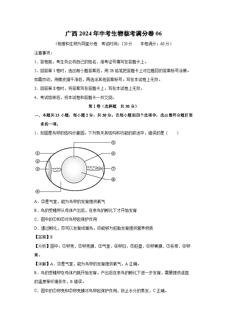 广西2024年中考生物临考模拟满分卷06生物试卷(解析版)01