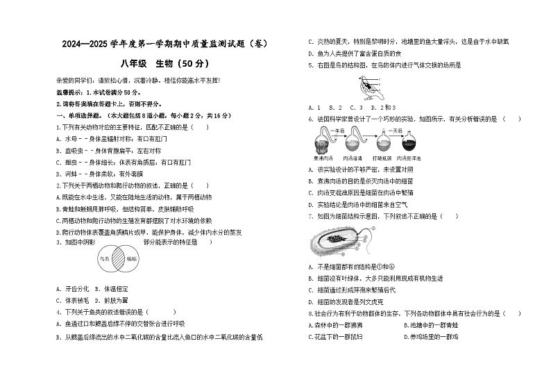 2024-2025八年级上册生物期中考试题第1页