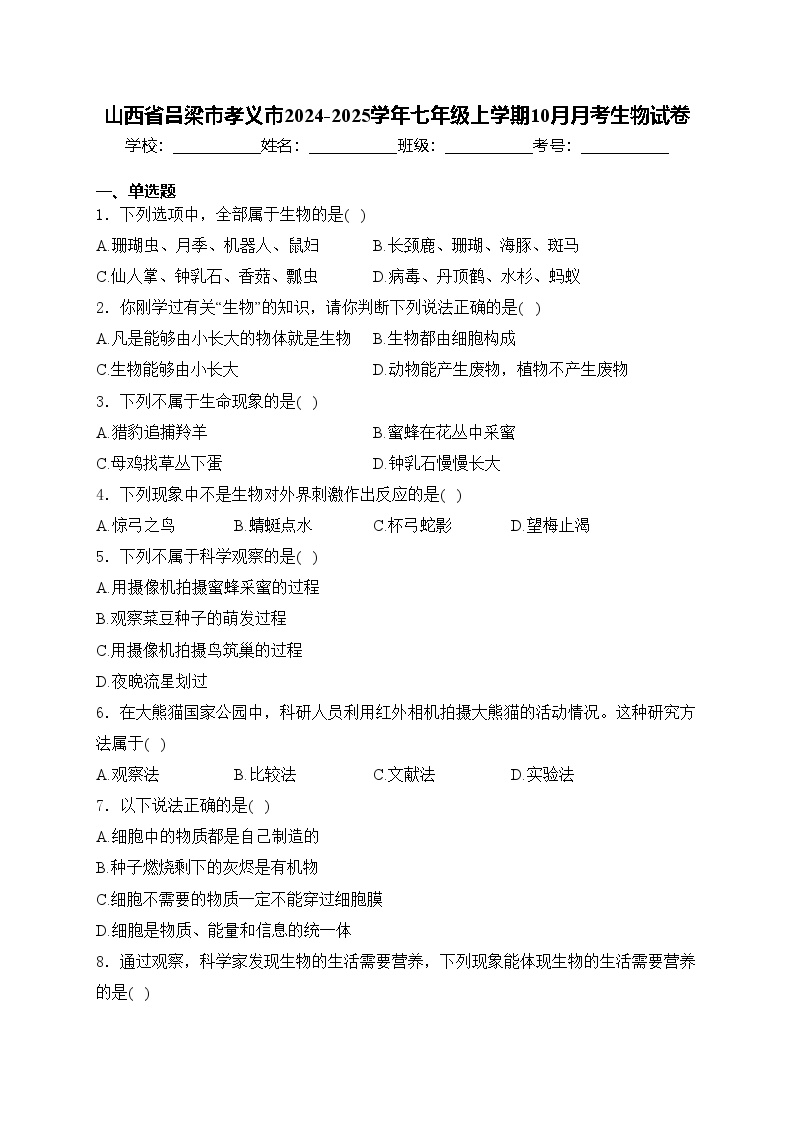 山西省吕梁市孝义市2024-2025学年七年级上学期10月月考生物试卷(含答案)