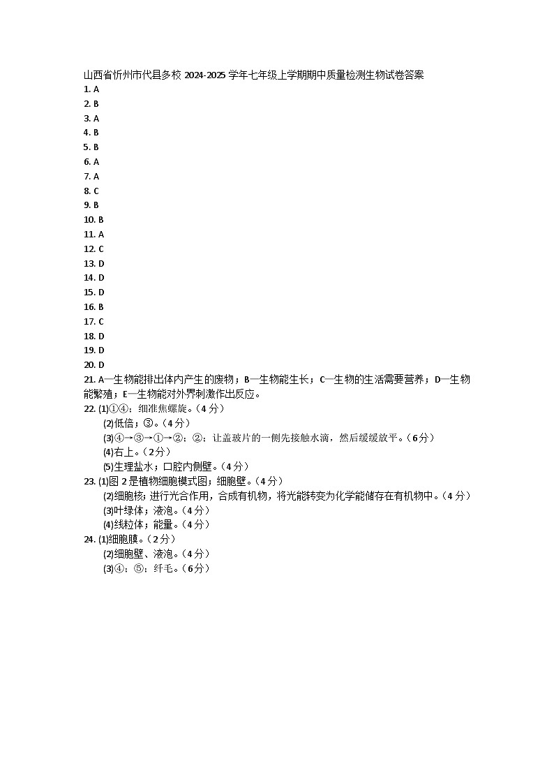 山西省忻州市代县多校2024-2025学年七年级上学期期中质量检测生物试卷01