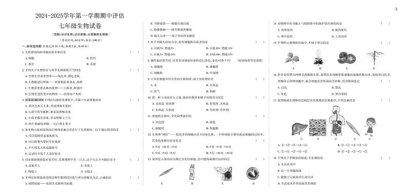 山西省忻州市代县多校2024-2025学年七年级上学期期中质量检测生物试卷01