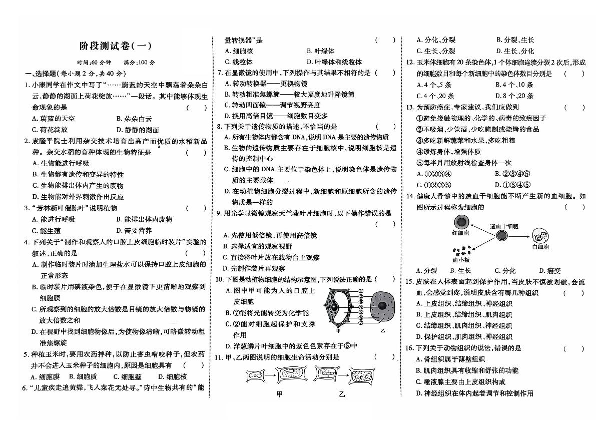 吉林省白山市抚松县2024~2025学年七年级上学期第一次月考测试生物试卷