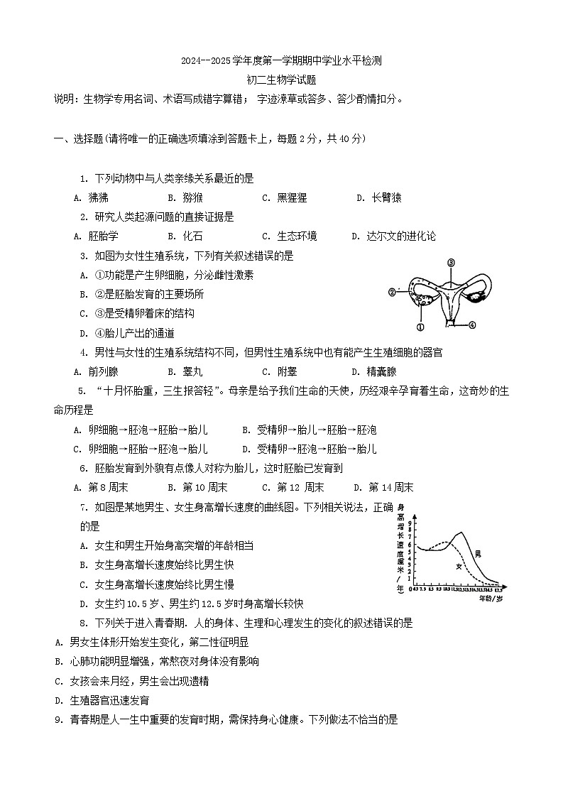 山东省淄博市张店区2024-2025学年七年级上学期11月期中生物试题(001)01