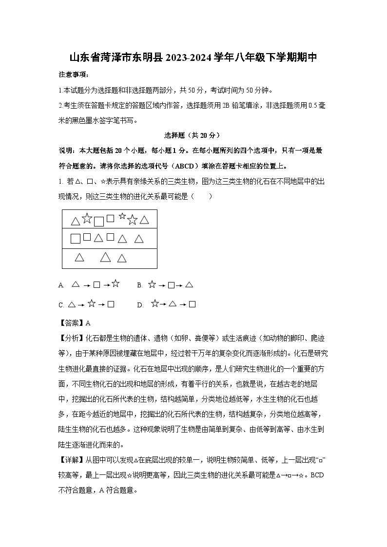 山东省菏泽市东明县2023-2024学年八年级下学期期中生物试卷(解析版)