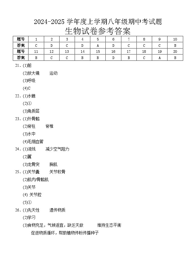 八上生物答案第1页