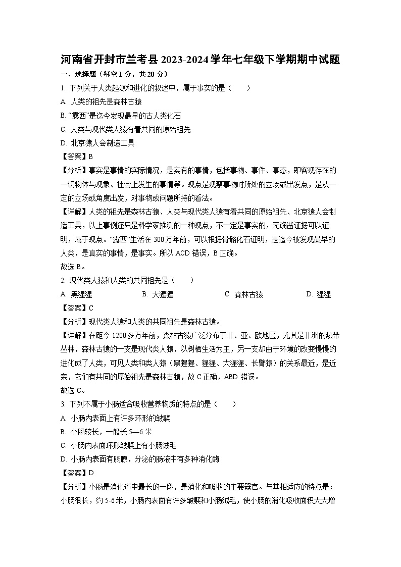 河南省开封市兰考县2023-2024学年七年级下学期期中生物试卷(解析版)