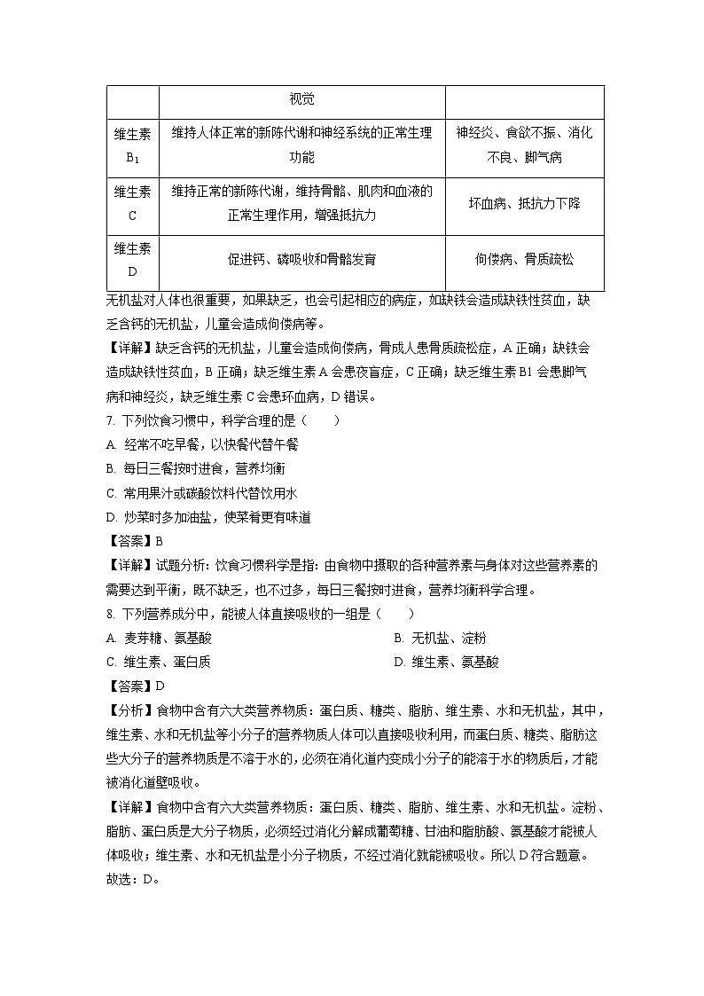 山东省聊城市冠县2023-2024学年七年级下学期期中生物试卷(解析版)第3页