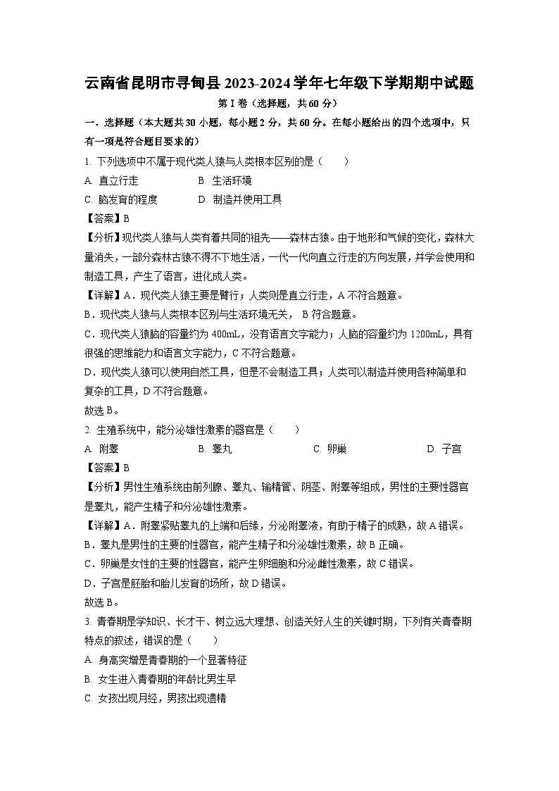 云南省昆明市寻甸县2023-2024学年七年级下学期期中生物试卷(解析版)