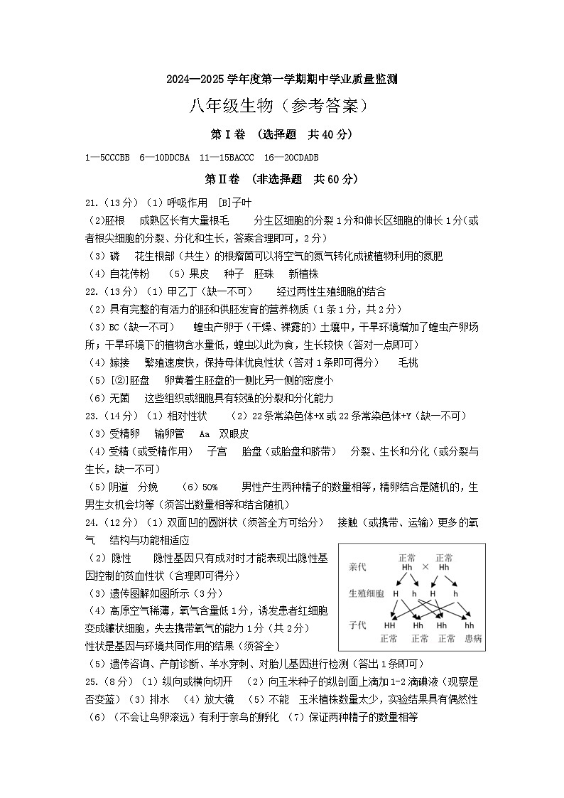 山东省潍坊市诸城市2024-2025学年八年级上学期11月期中考试生物试题01